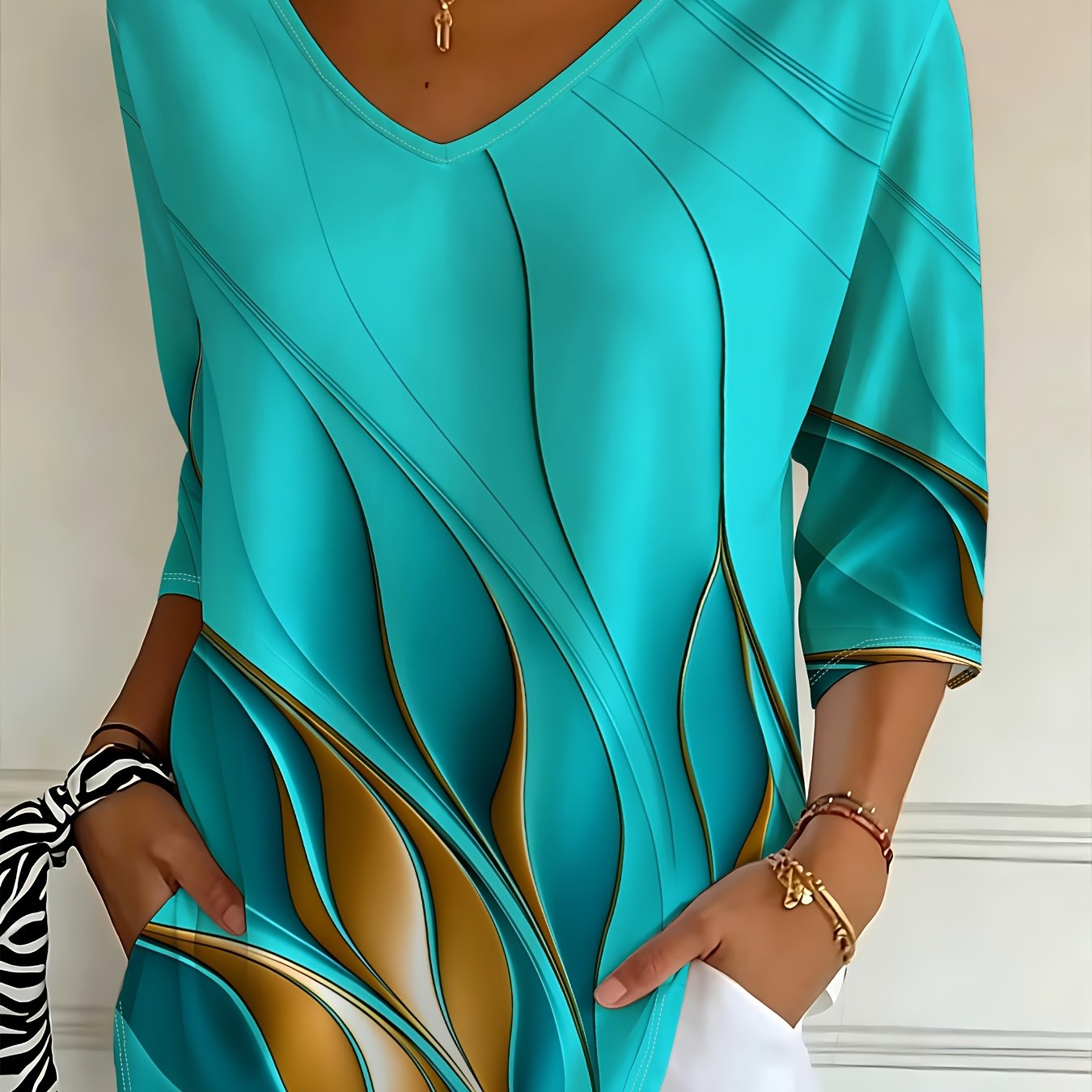 TEMU V-neck Printed Top, Women's Loose Three-quarter Sleeve T-shirt, Summer Fashion Casual Top