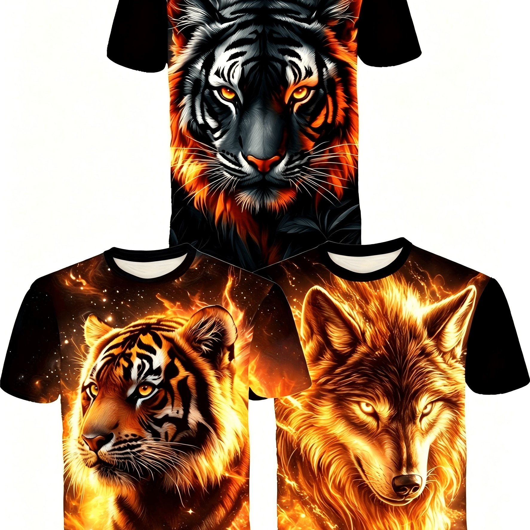 TEMU 3pcs Set Men's Tiger Wolf Print T-shirt - Short Sleeve Round Neck Summer Outdoor Casual Comfortable Colorful Design, Lightweight Summer Short