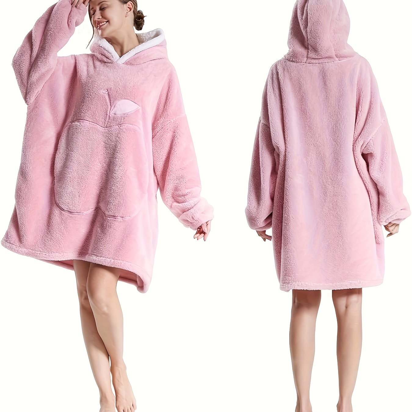 TEMU [new Year Promotion] Extra Large Pocket Plush Hooded Robe, Thick Coral Fleece Winter Blanket, Warm And Comfortable For Staying Warm At Home During The Holidays, Can Be Out Gifts For Women And Men