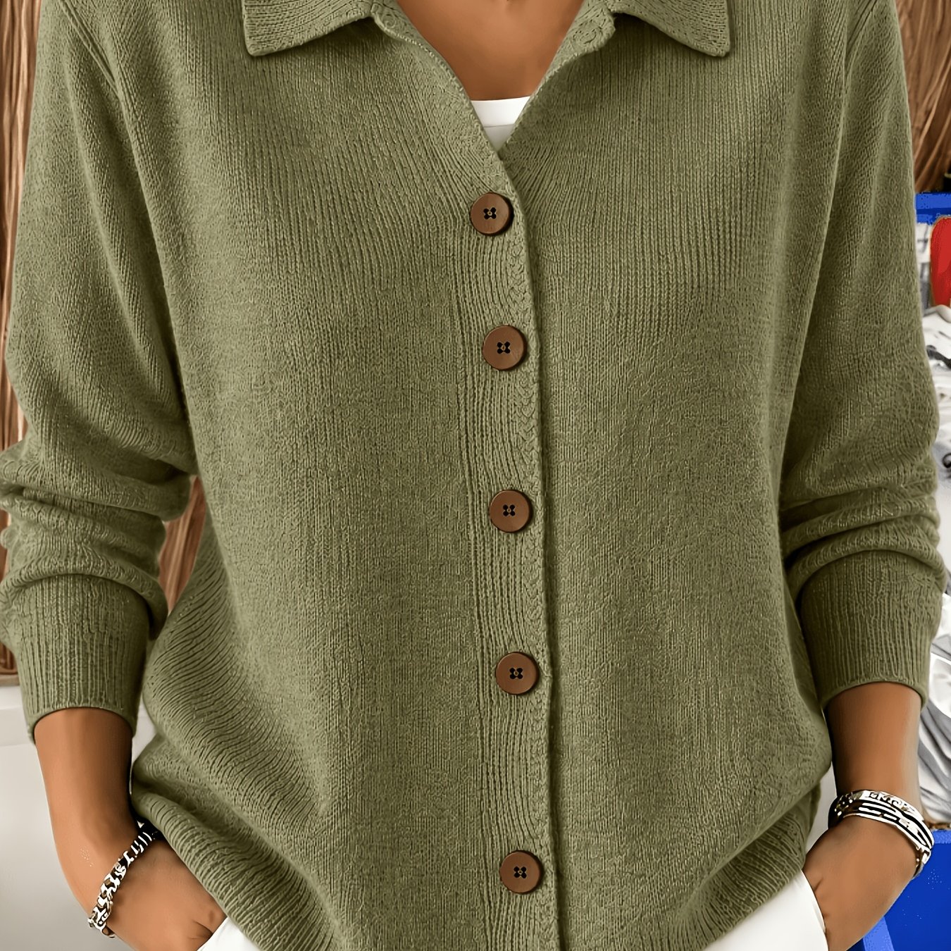 TEMU Lapel Single-button Cardigan, Office Casual Versatile Off-shoulder Ribbed Long Sleeve Loose Outerwear Top