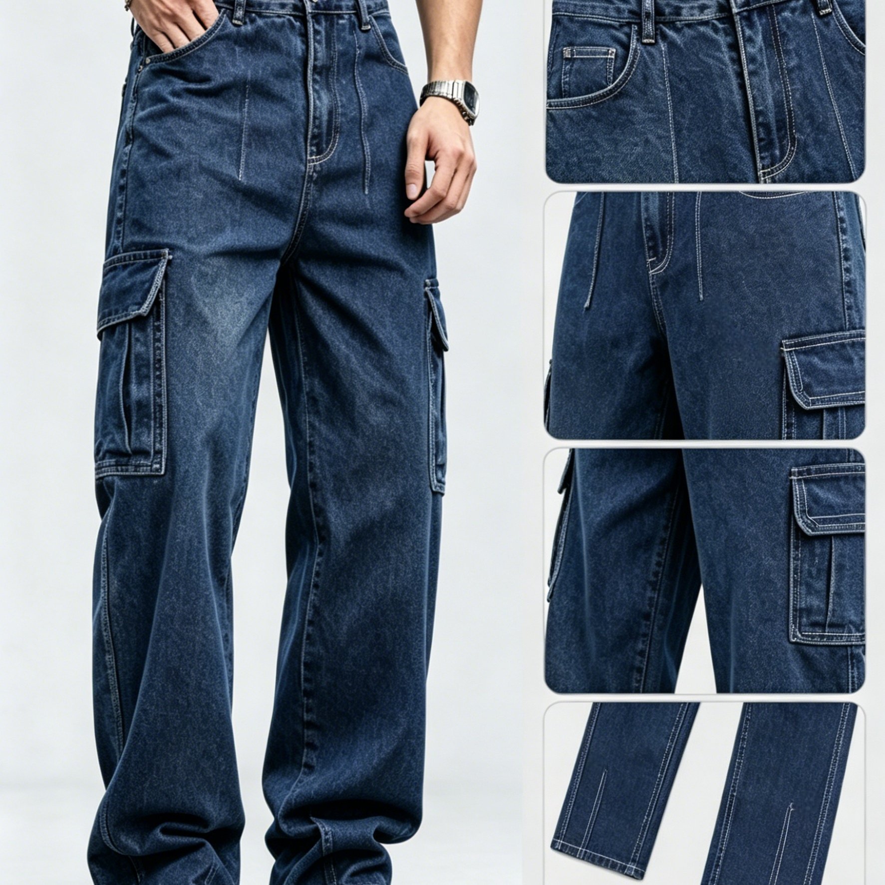 Image of [hme] Men's Loose Casual Denim Cargo Pants For Summer And Autumn, Versatile Style, Soft Machine Washable Fabric, Built-in Y2k Zipper, Trendy Cool Denim Cargo Trousers For Street Looks