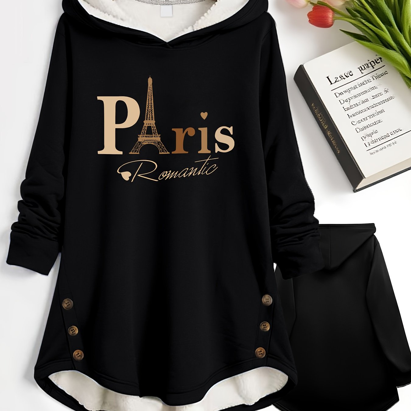 TEMU Veste à capuche doublée pour femmes, automne/hiver, chaude, doublure intérieure, sweat à capuche imprimé, coupe confortable, lavable en machine,