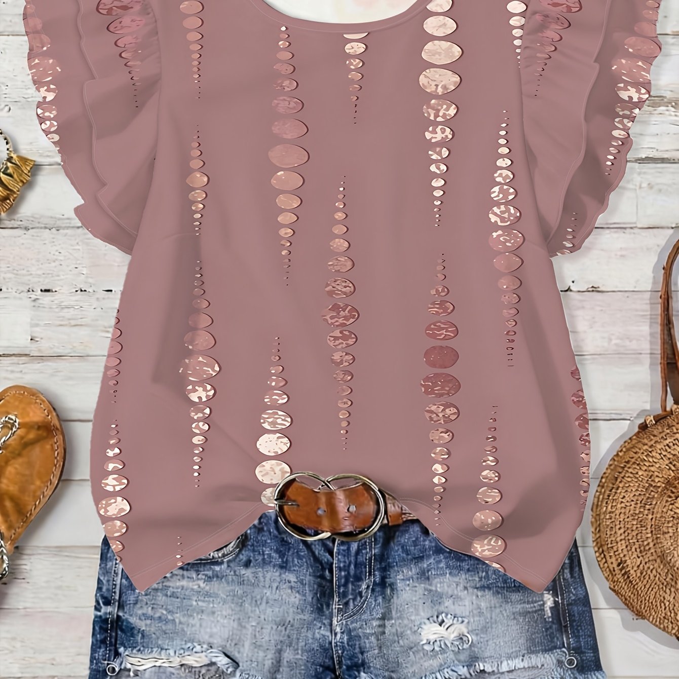 TEMU T-shirt rosa a maniche corte con maniche a balze ricamate, Top estivo da donna, Abbigliamento da donna casual e versatile
