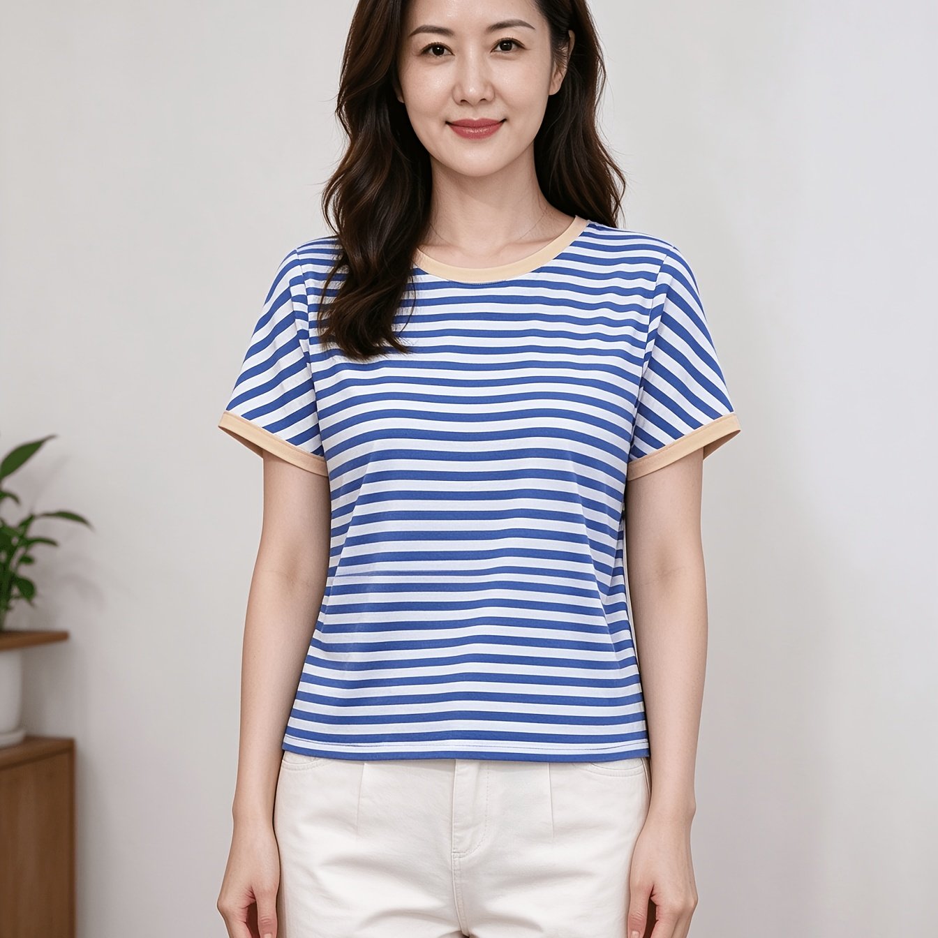 TEMU Plus Size - Flat Print Blue White Striped Contrast Yellow Trim Short Sleeve, Loose , Breathable And Soft, Fresh And , Versatile For Daily Wear