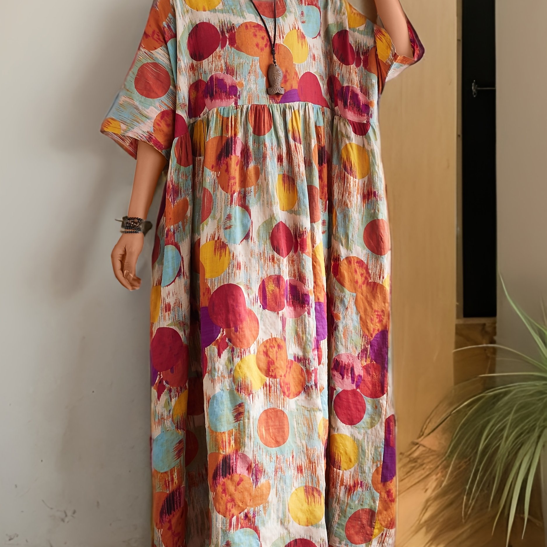 Plus Size, Summer New Bohemian Maxi Dress Loose Size Short Sleeve Printed Dress