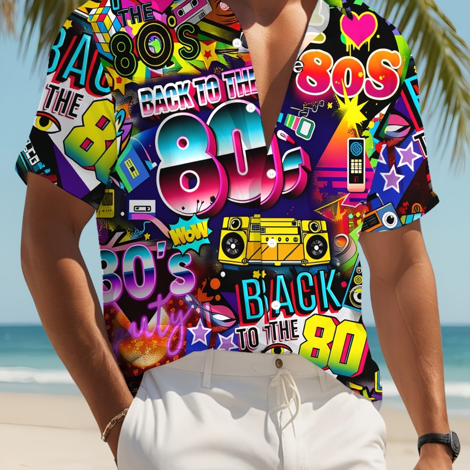 TEMU [printed Design - Not Textured] 2026 's Casual Top, Neon Retro 80s Short Sleeve Shirt