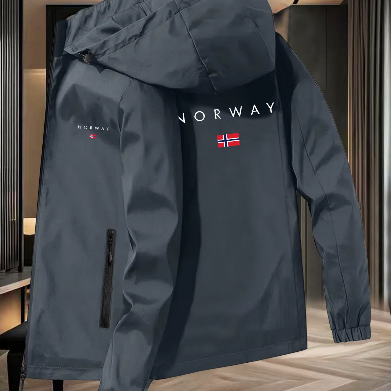 TEMU Men's Norway Flag & Norway Map Print Windproof Jacket - Heavy-duty Winter Skiing & Hiking Coat With Flag Emblem, Zippered Pockets, Machine