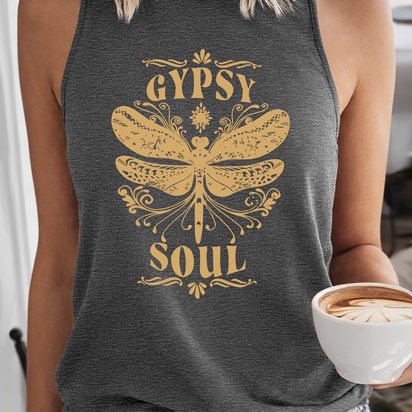 TEMU Retro Golden Dragonfly Print Women's Vest, Spring Summer Sleeveless Top, Comfortable Breathable Round Neck Sleeveless T-shirt, Individual Daily