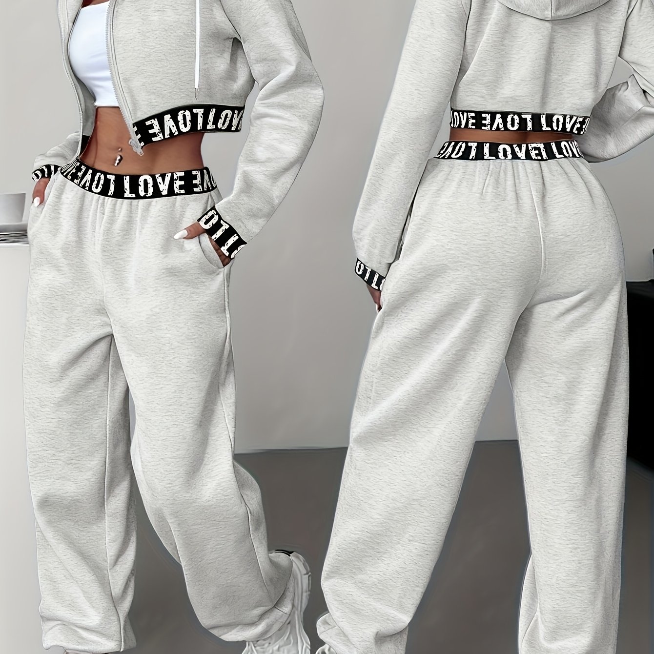 TEMU Conjunto de Mujer 2 Piezas, Chaqueta con Cremallera y Capucha + Pantalón Casual de Otoño/Invierno, Ropa Regular, Uso Diario, , Ropa y Cómoda,