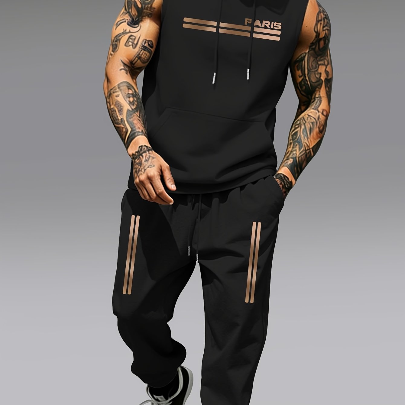 TEMU Popular Men's Spring Summer Autumn Sports Fitness Outdoor Casual Hooded Vest And Pants Set
