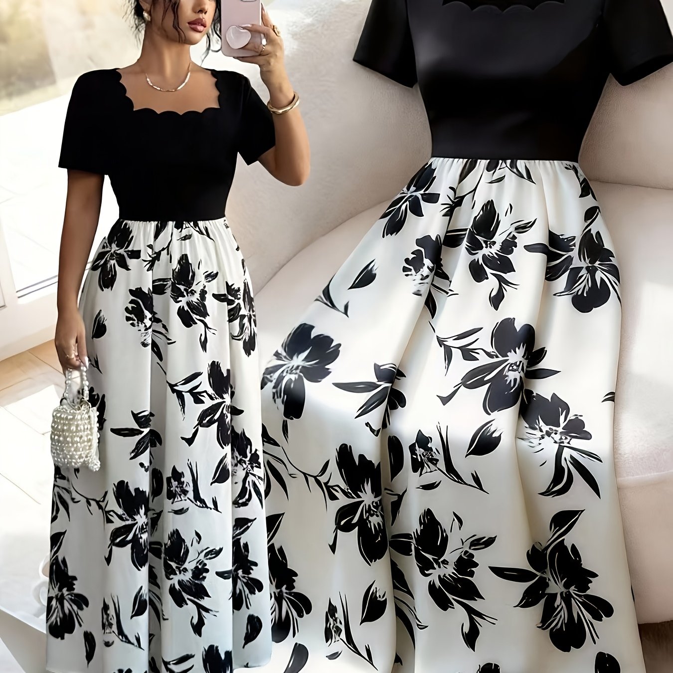 TEMU Women's Elegant Wavy Trim Square Neck Short Sleeve Waist-cinching Maxi Dress