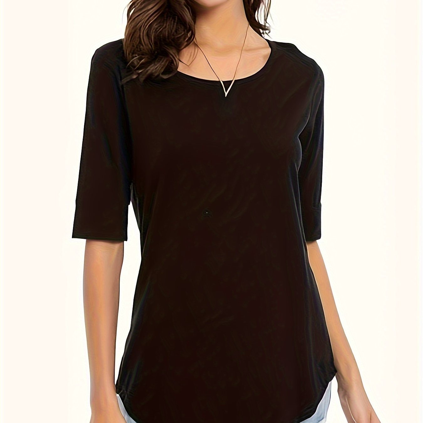 TEMU Women' Color Round Neck Short Sleeve Blouse - Casual Solid Top, Medium-stretch - Basic Shirt, Hand Washable Casual Attire & Layering Piece For Women