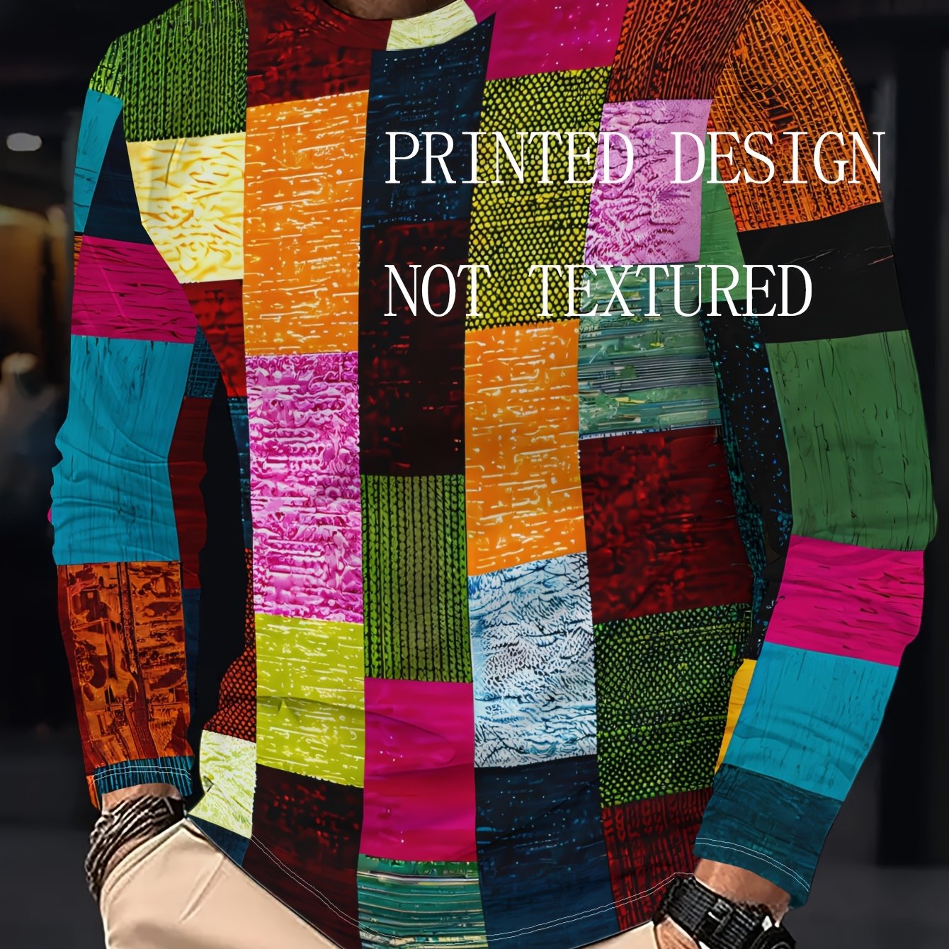 TEMU [printed Design – Not Textured] Men's Casual Long-sleeve T-shirt Featuring A Vibrant Color Block Pattern That Forms A Richly Textured . Soft And