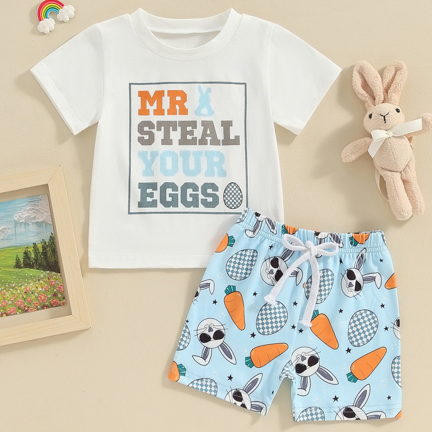 6-24m Toddler Boys Easter Outfits Letter Print Short Sleeve T-shirt And Elastic Shorts 2 2 Piece Vacation Clothes Set, For Outdoor