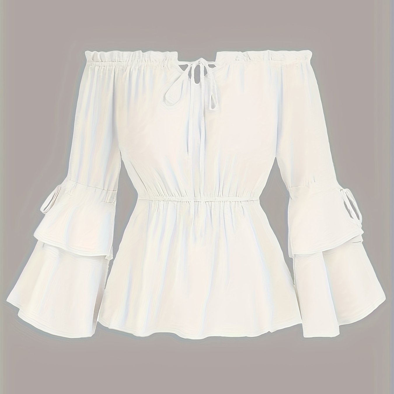 Image of Plus Size, Plus Size Women's Off Shoulder Ruffle Trim Blouse, Tie Neck Tiered Flare Sleeve Elastic Waist Peplum Top, Casual Shirt