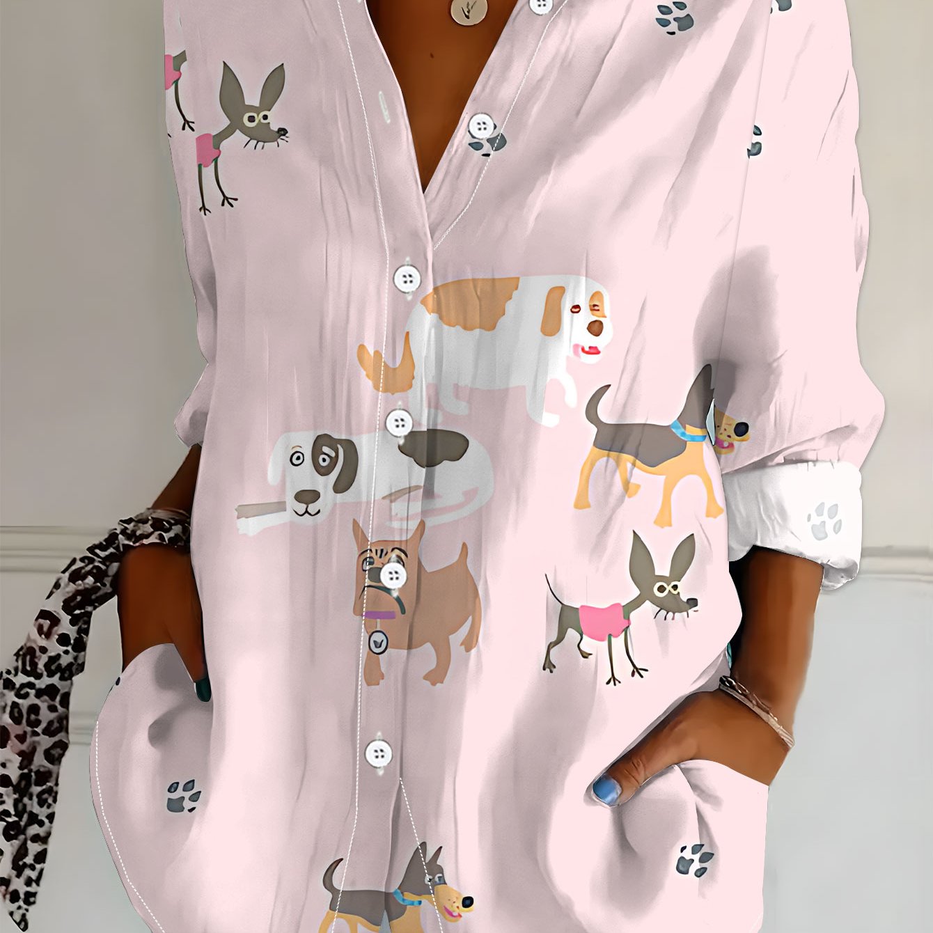 TEMU Plus Size - Plus Size - New Plus-size Women's Long-sleeve Shirt, Versatile , Mature And Elegant Design With A Pink Cartoon Dog Pattern.