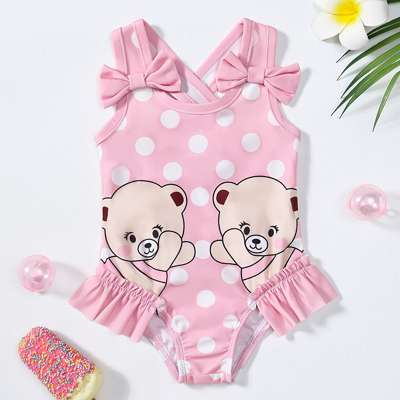 Image of Girls' Cute Summer One-piece Swimsuit With Bow Detail And Polka Dot Bear Print, Breathable Polyester Fabric, Machine Washable - Ideal For Beach Vacations, Triangle Swimsuit, Newborn