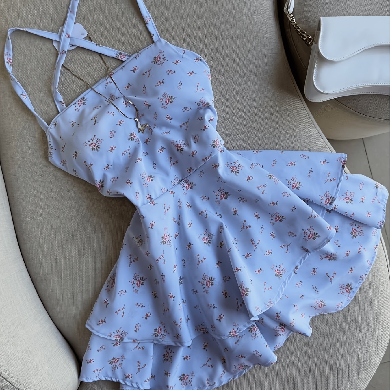 TEMU Elegant And Fashionable Women's Floral Print Spaghetti Suspender Dress With Criss-cross Lacing At The Back, Double-layered Waist, Romantic And ,