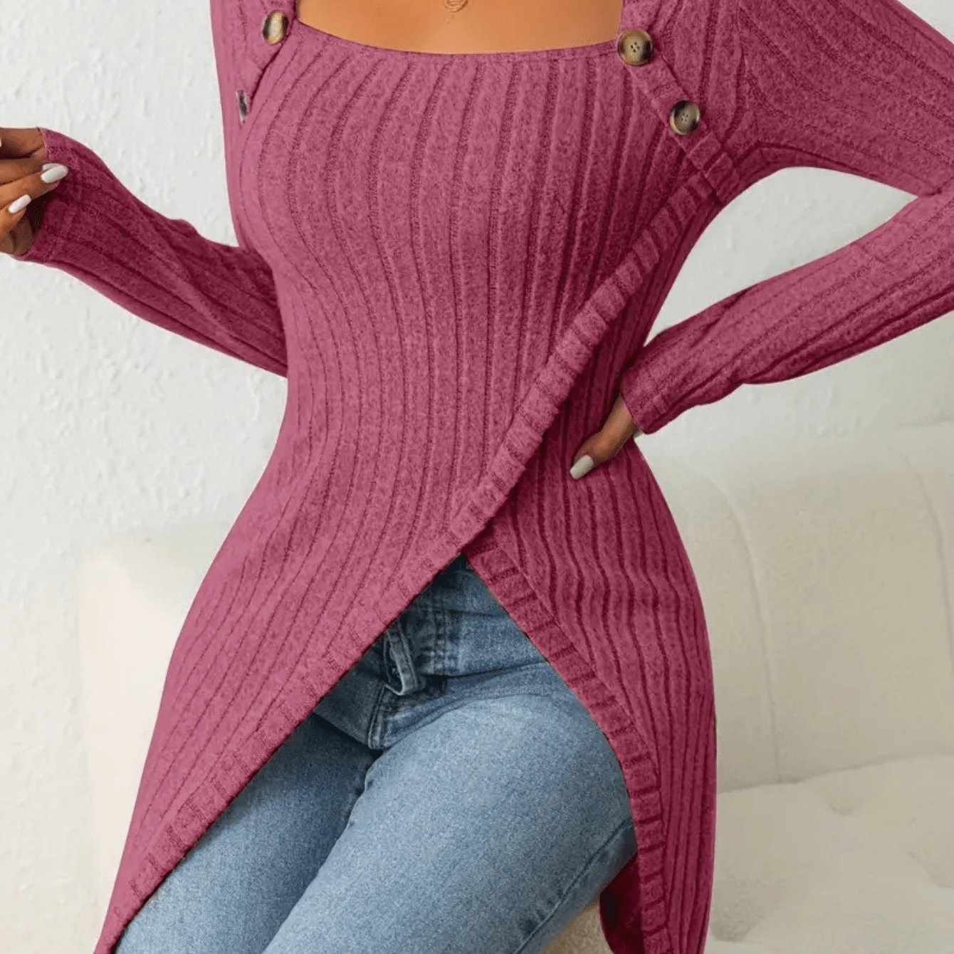 Image of Solid Color Long Sleeve Square Neck Irregular T-shirt Top