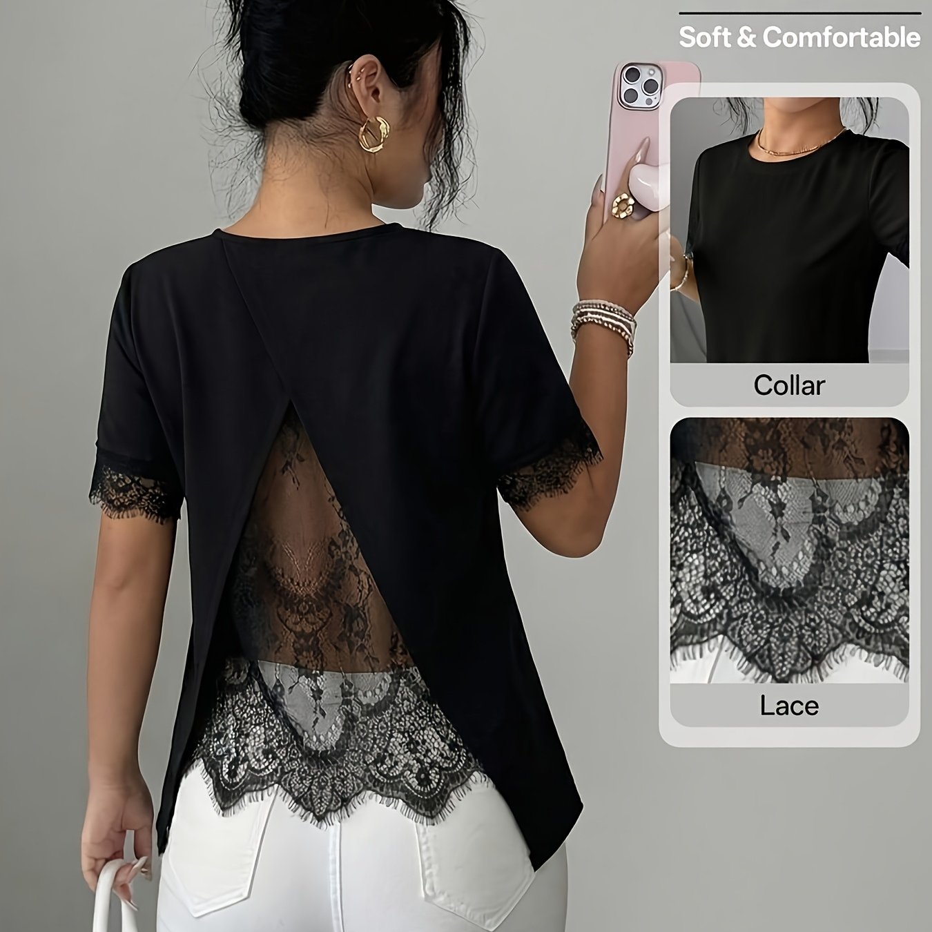 TEMU Women's French Romantic A-line Lace Casual T-shirt, , Party, Office, Casual Outing