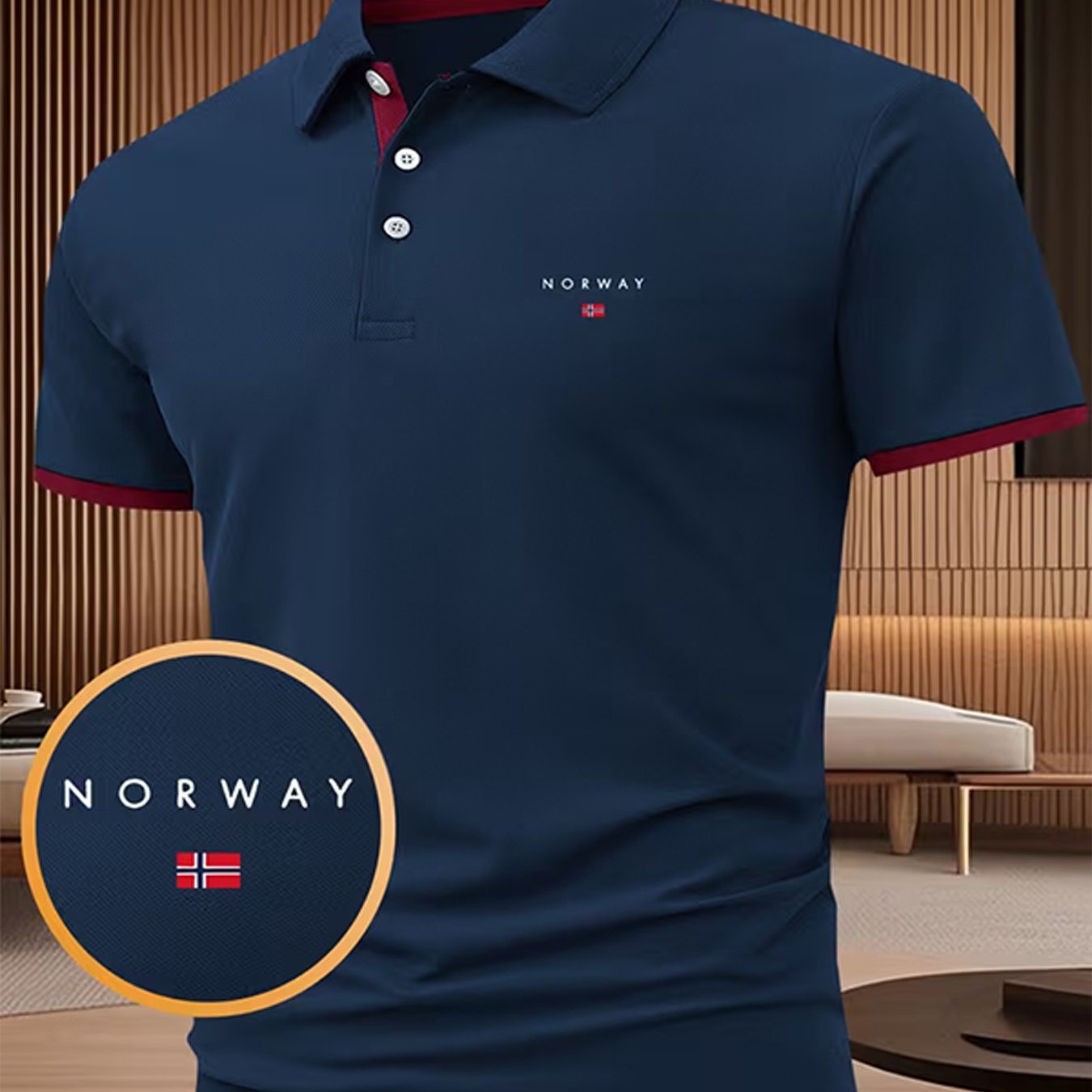 TEMU Men's Fashion Casual Short-sleeve Shirt, Norway Pattern Print Y1701, Versatile Short-sleeve Golf Shirt, Suitable For Golf, Tennis Training, Gym