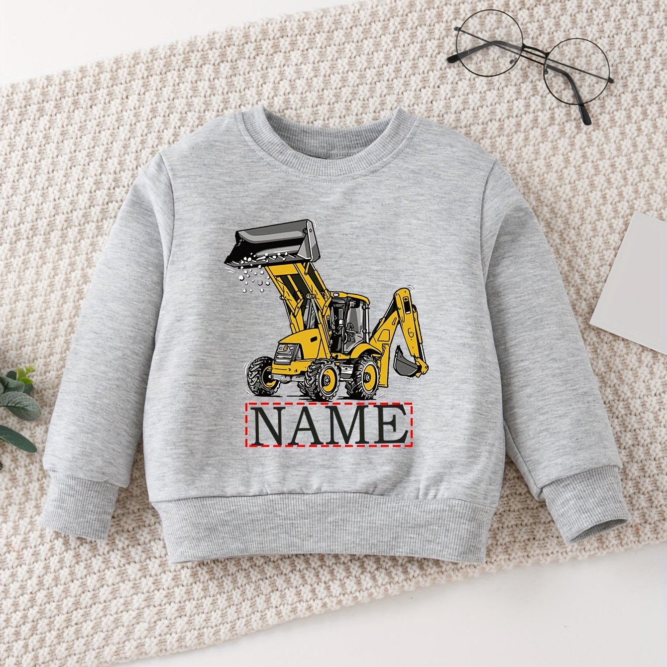 No Hat Sweatshirt...... Customized Name And Excavator Pattern Print Comfortable Casual Round Neck Top, Fall And Winter Clothes