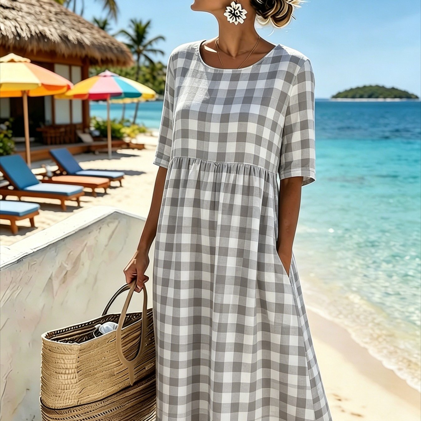 Women's Elegant Midi Dress - Casual 3/4-sleeve, Crew Neck, Loose-. Machine Washable. A Comfortable Beach And Vacation Dress, Perfect For Travel, Getaways, And Everyday