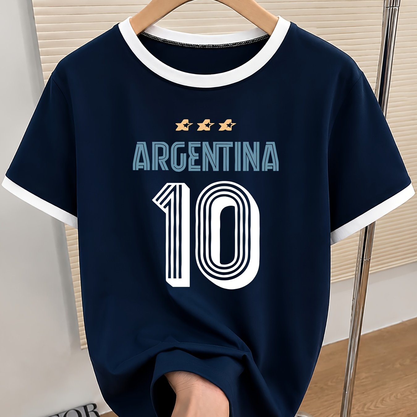 TEMU National Sports Season - Argentina Team Letter And , 1pc Women's Color- Crew Neck Short Sleeve T-shirt, New Summer Versatile Casual Tee, Holiday