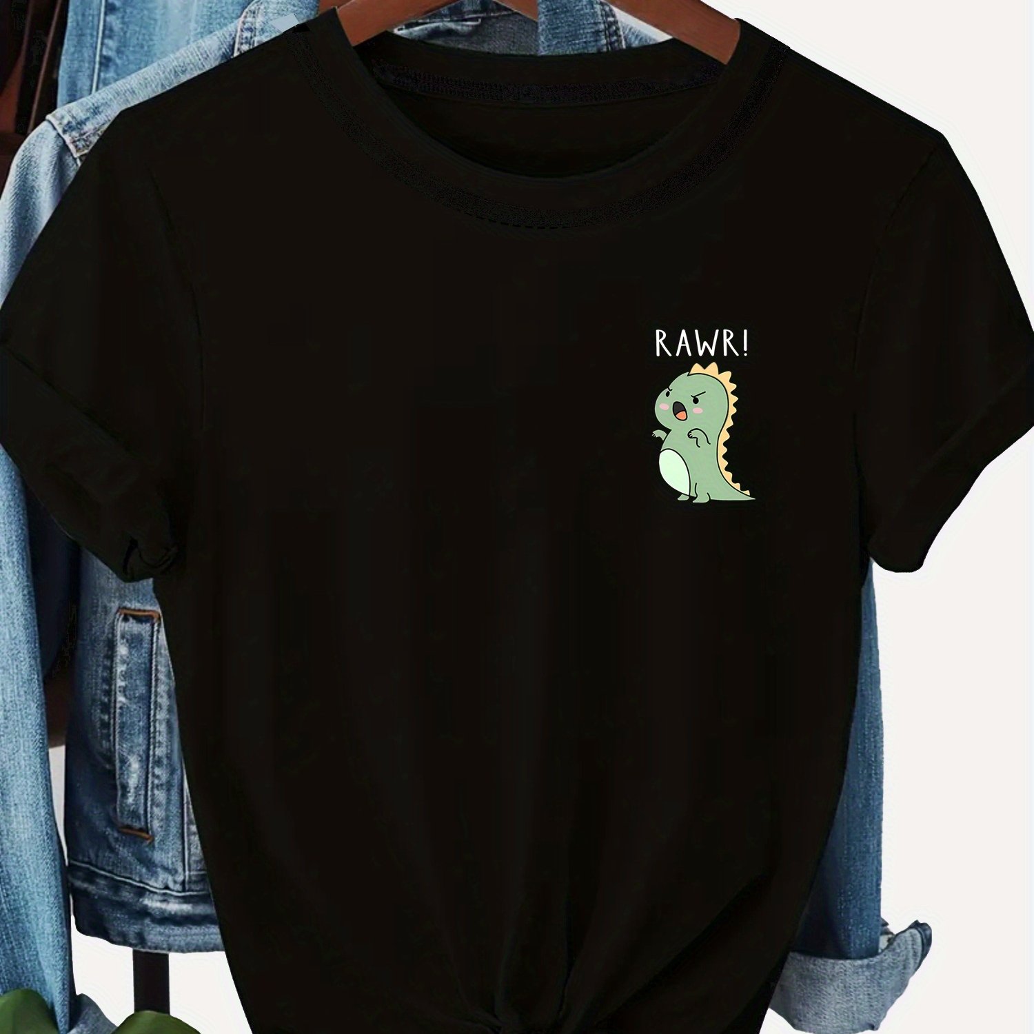 TEMU Women's Short-sleeve T-shirt With A Cute Dinosaur Print, Casual Round Neck, Stylish Summer Top