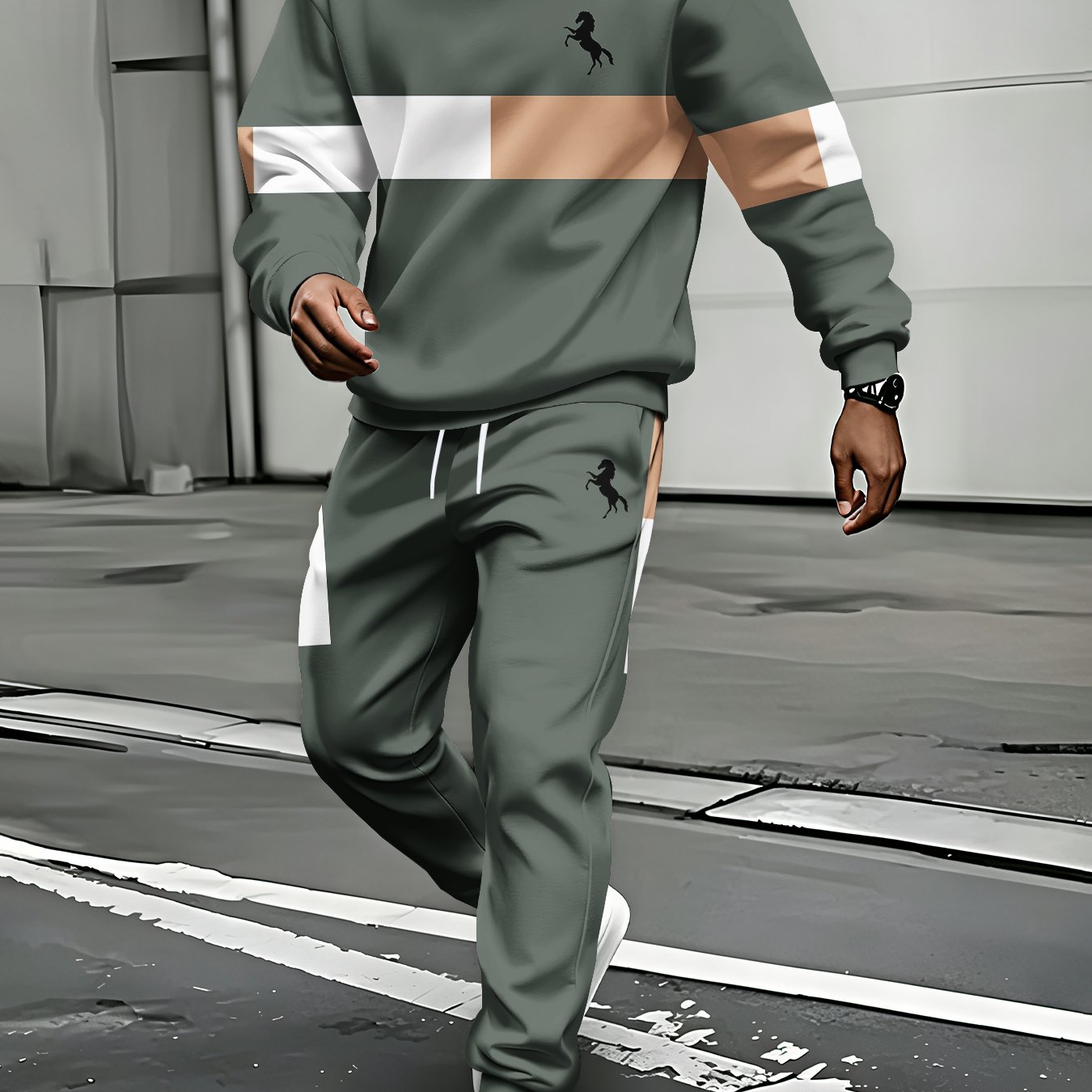 TEMU Men's - Hooded Two-piece Set, Striped Small Horse Pattern Sweatshirt And Sweatpants, Trendy Loose Suit