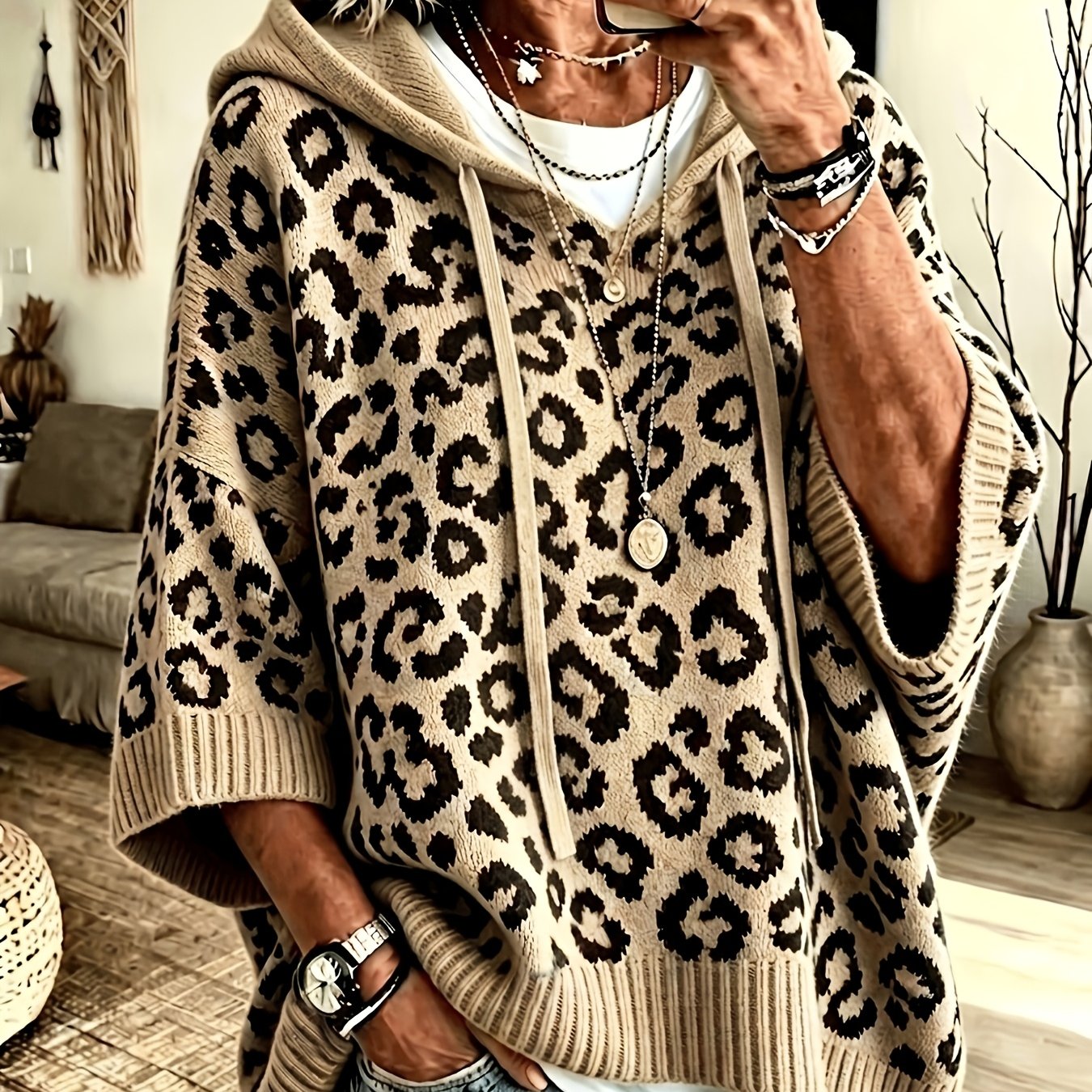 TEMU Pull à capuche pour femme à imprimé léopard, pull à manches chauve-souris surdimensionnées - Pull et extensible à manches chauve-souris, coupe