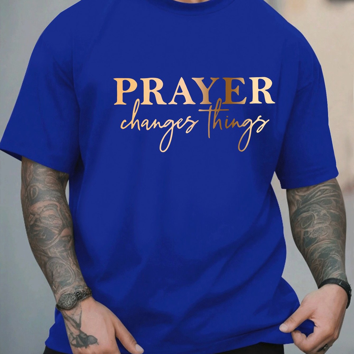 TEMU Men's Plus Size Casual T-shirt, " Things" Quote, Geometric Pattern, Round Neck, Short Sleeve, Summer Fashion, Knit Fabric, Polyester, Adult