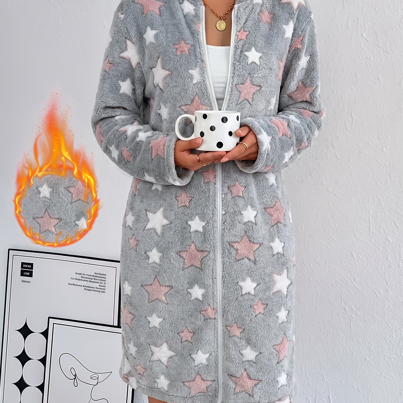 TEMU Autumn/winter Women's Flannel Five-pointed Star Pattern Zipper Pajama Robe, Plush Sleep Dress With Pockets