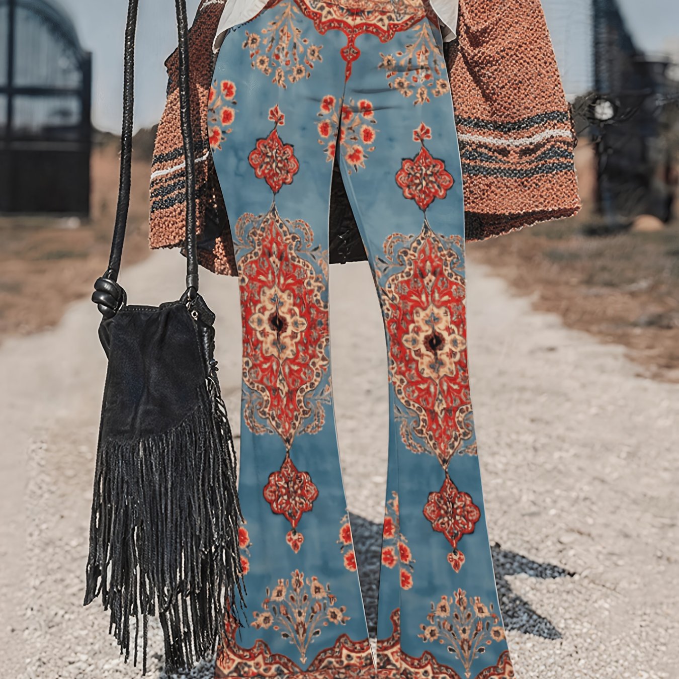 TEMU Women's Bohemian Bell-bottom Flared Pants - High-waisted Wide-leg Elastic Waist Wide Pants Suitable For Casual Wear, Folk Festivals & Outfits,