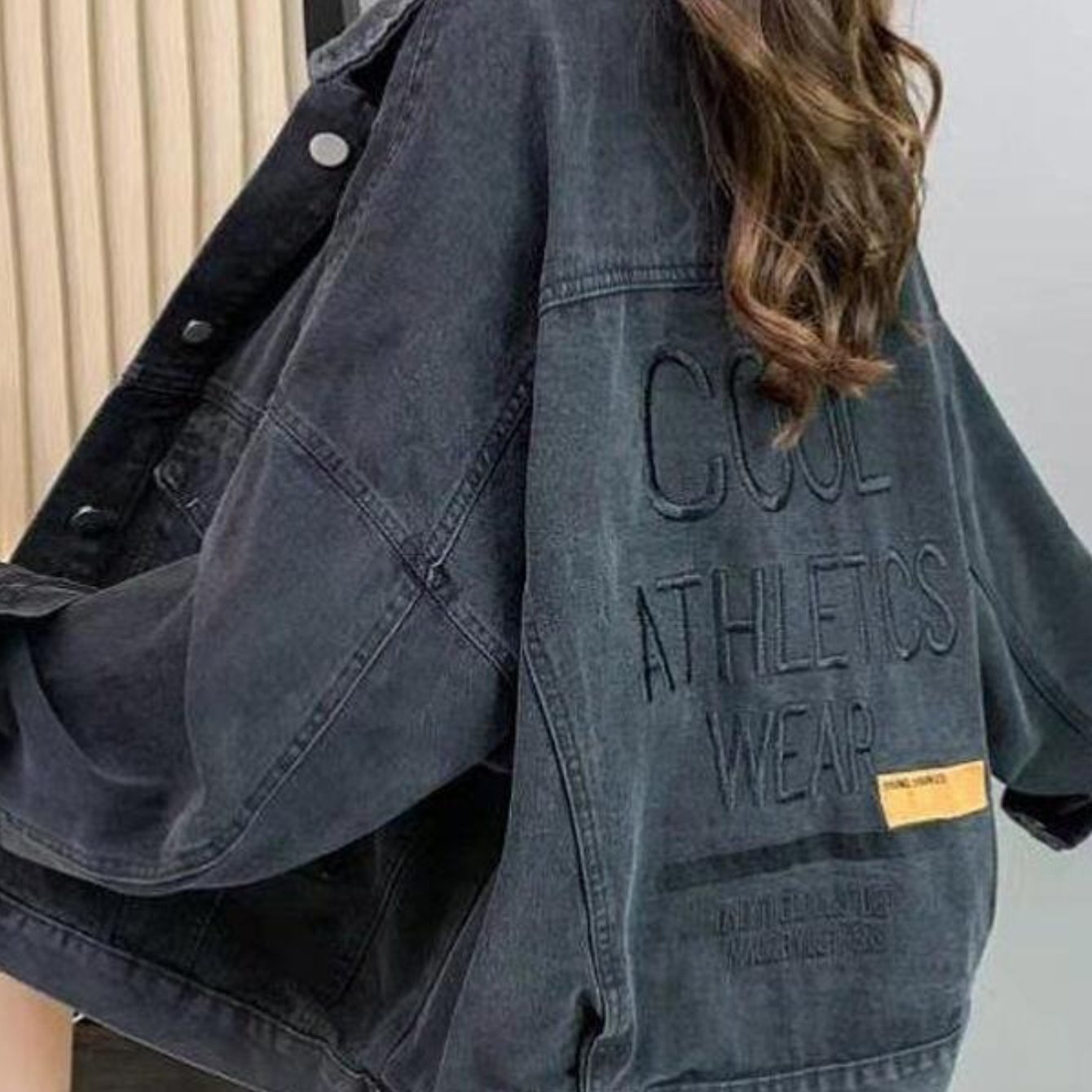 TEMU 刺繍入りデニムジャケット - 韓国スタイルのオーバーサイズトップ（トレンディ＆若々しい）