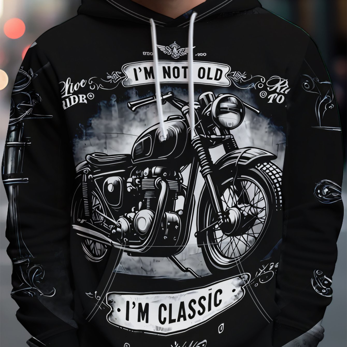 TEMU Men's Vintage Motorcycle Graphic Hoodie, Style Long-sleeve Top, Casual And Versatile Pullover For Young Adults, Made Of Fiber, Machine Washable