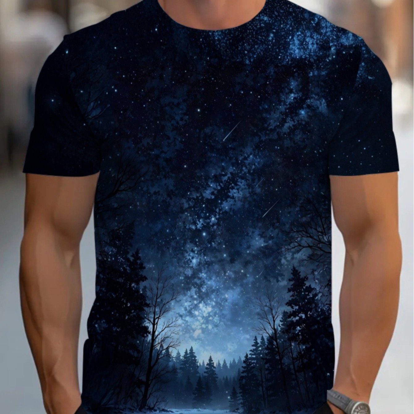 TEMU Men's New Short-sleeve T-shirt Night , Ideal For Outdoor Parties, Soft Fabric, Lightweight And Comfortable Blue, Perfect For Daily Wear, Plus