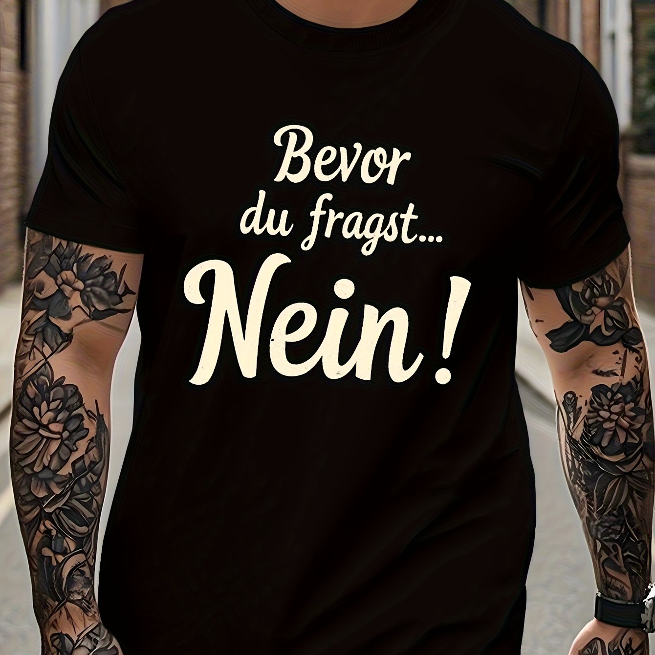 Image of Before You Ask 's Casual T-shirt With German Text Print - Black Short Sleeve Round Neck Tee, Regular Fit Machine Washable , Streetwear Fashion Shirt