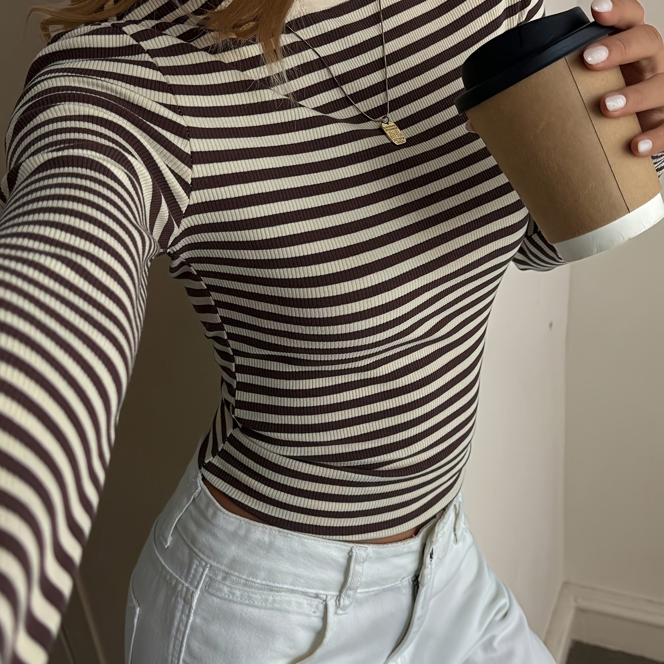 TEMU Women's /summer Striped Print Crew Neck Long Sleeve Slim Fit Elegant And Comfortable T-shirt