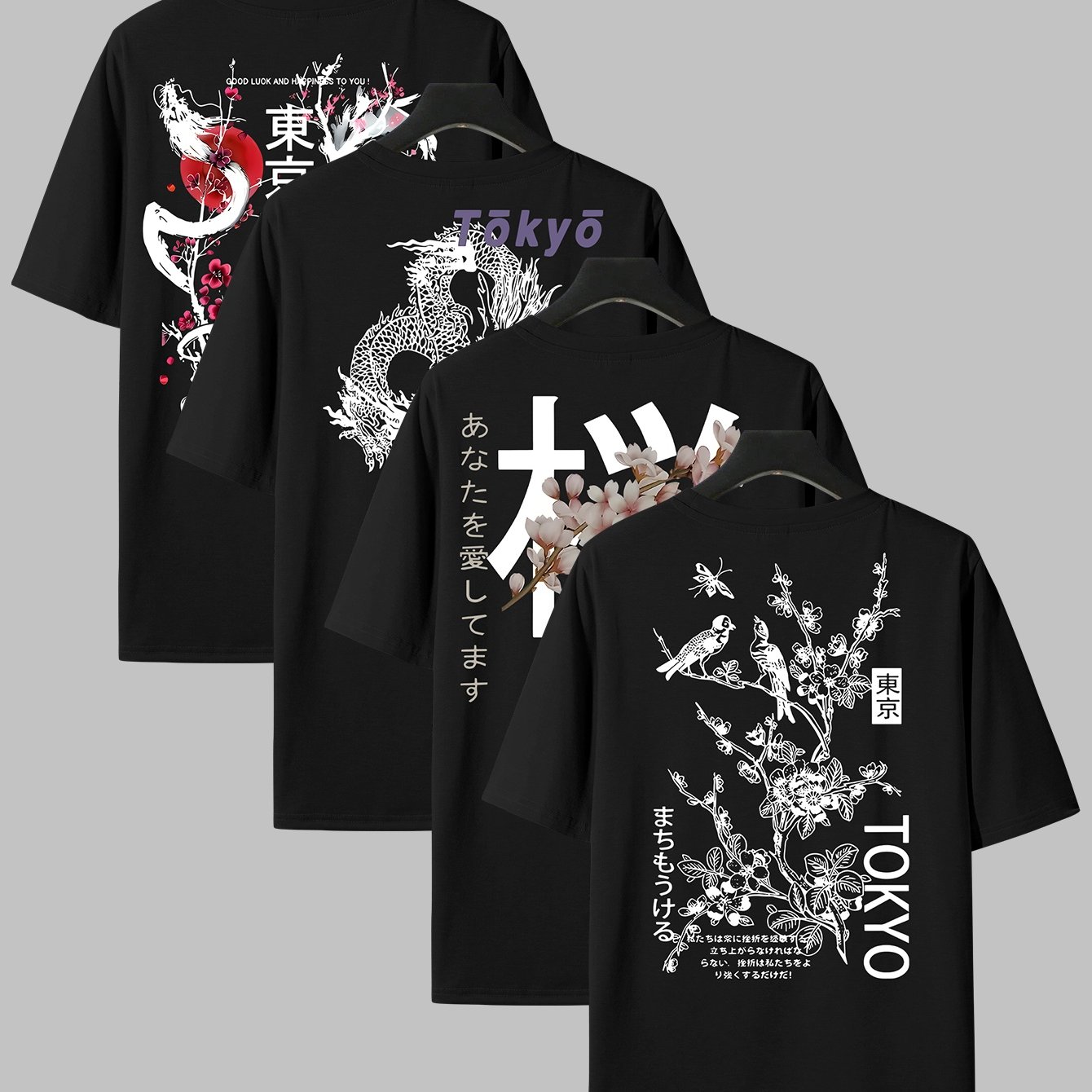 E-shop Herren Kurzarm T-Shirt mit Grafikdruck vorne und hinten im japanischen Stil, 4er Set