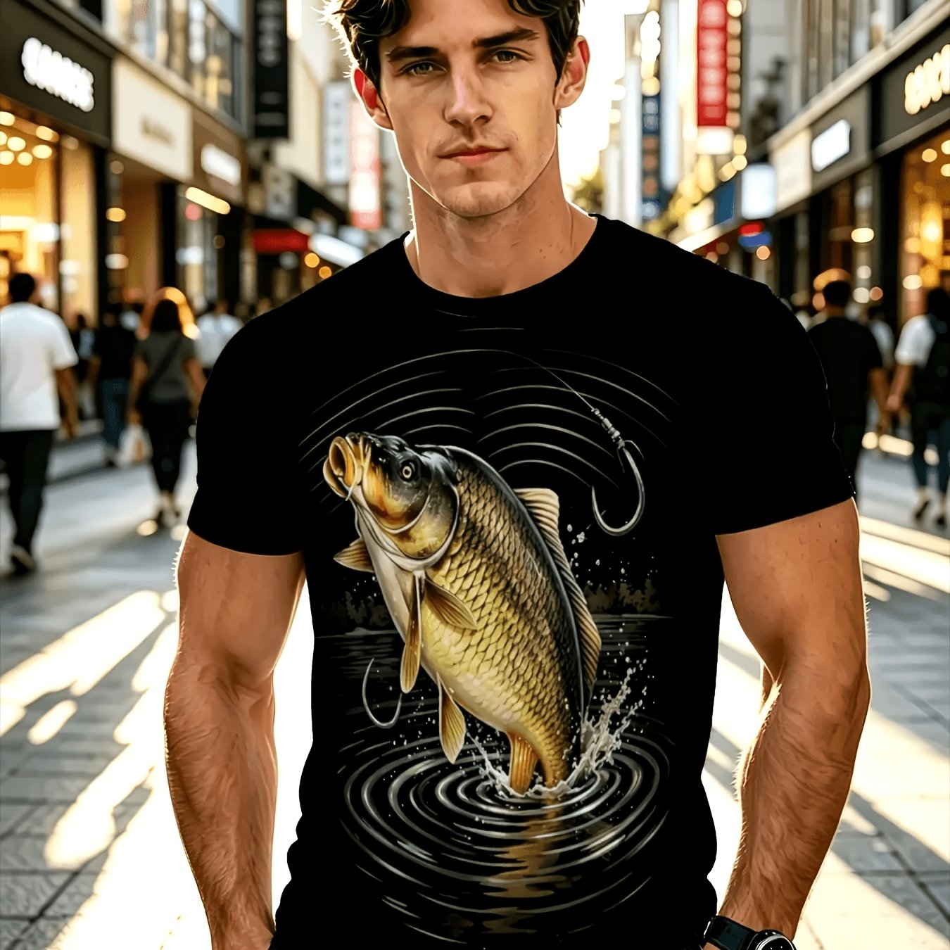 TEMU [printed Design-not Textured] " Water" Fishing-themed Carp Print T-shirt, Men's Short Sleeve, Size Extra Large, Round Neck Casual Summer Top