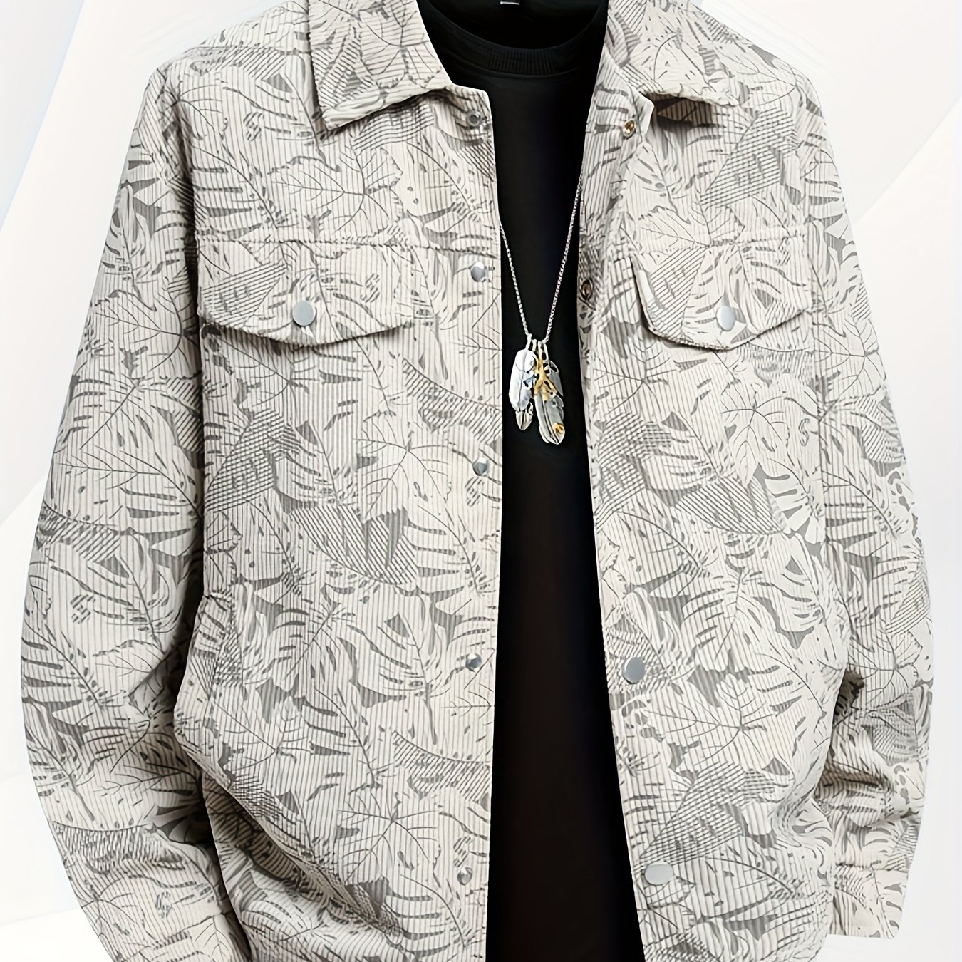 TEMU Men's Work Jacket With Maple Leaf Print, Made Of Fabric, Featuring A Loose Fit And Reversible Collar Details - A Stylish Lightweight Coat For