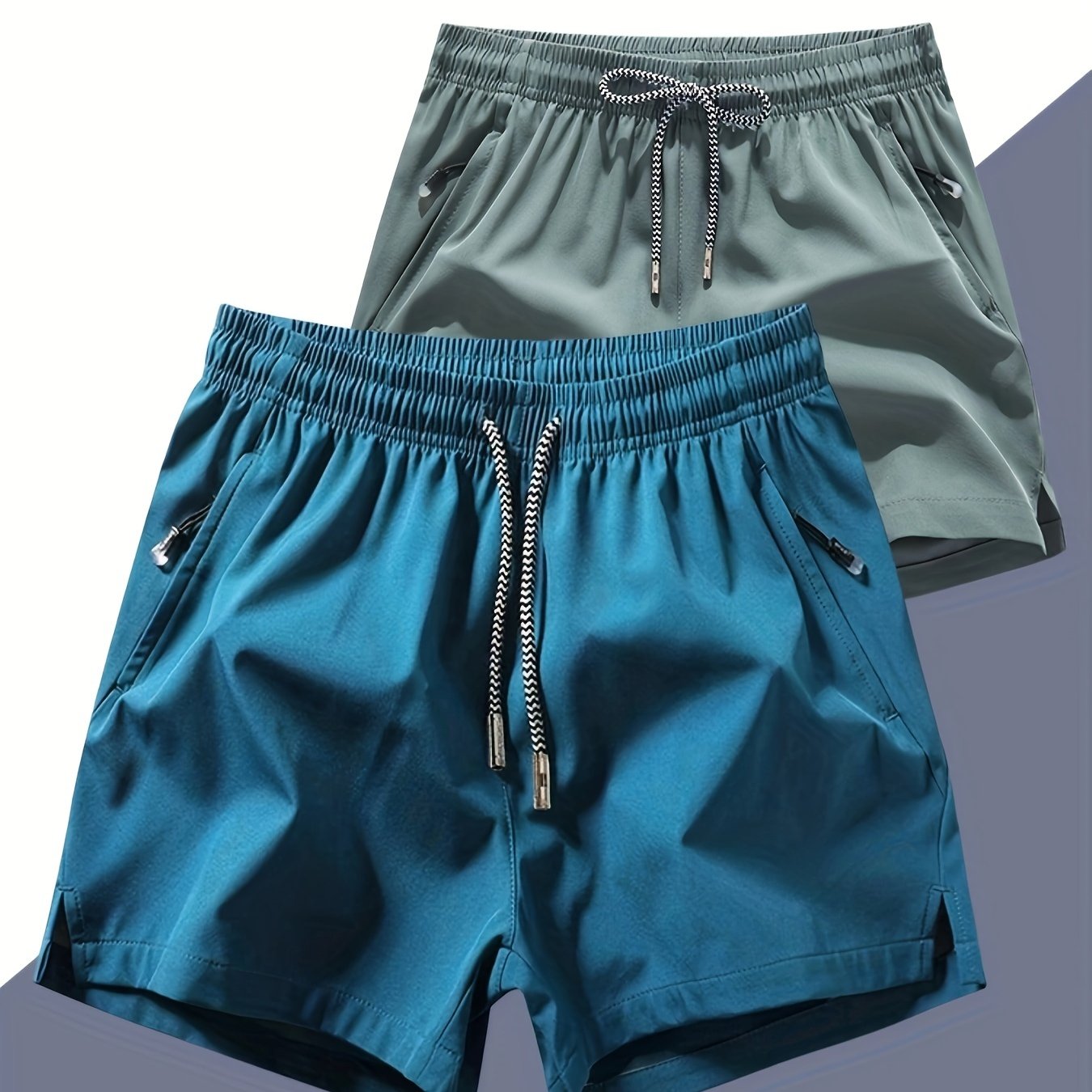 TEMU Men's Two-piece Set Of Solid Color Sports Shorts With Drawstring And Dual Zippered Front Pockets, Casual And Chic Shorts Suitable For Summer Fitness And Outdoors Wear