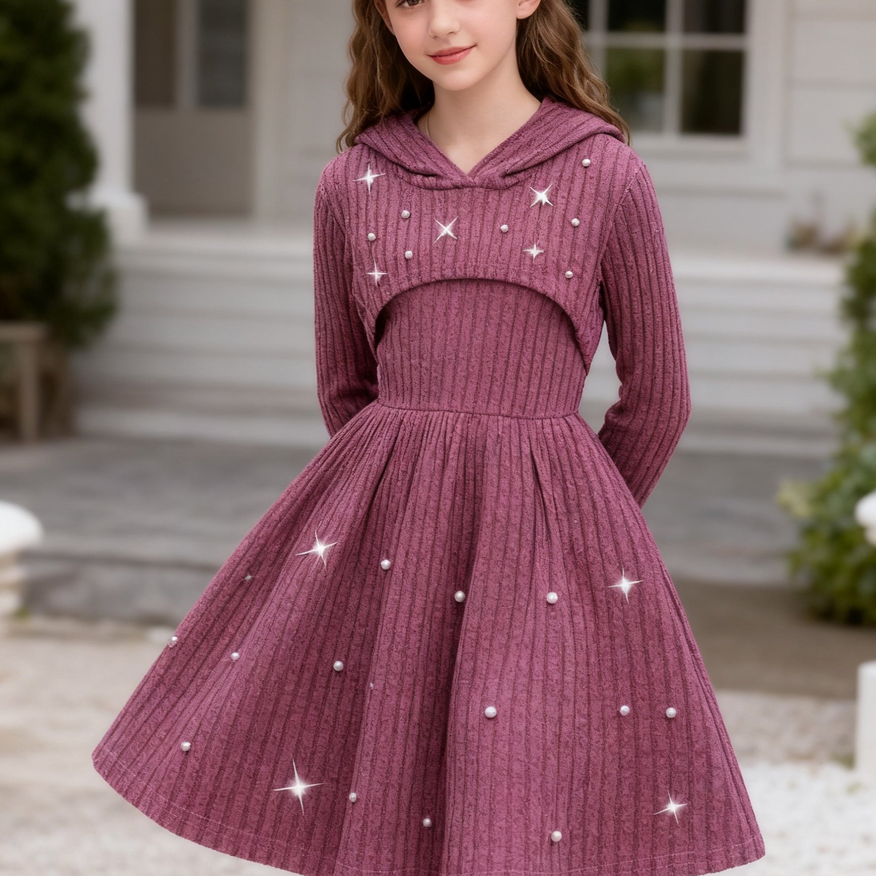 Image of 2pcs Girls' Pearl-decorated Hooded Long Sleeve Short Top And Skirt Set, Sweet And Elegant Styling, Suitable For Daily Wear, , And Relaxed Occasions, For Outdoor, Christmas, Halloween