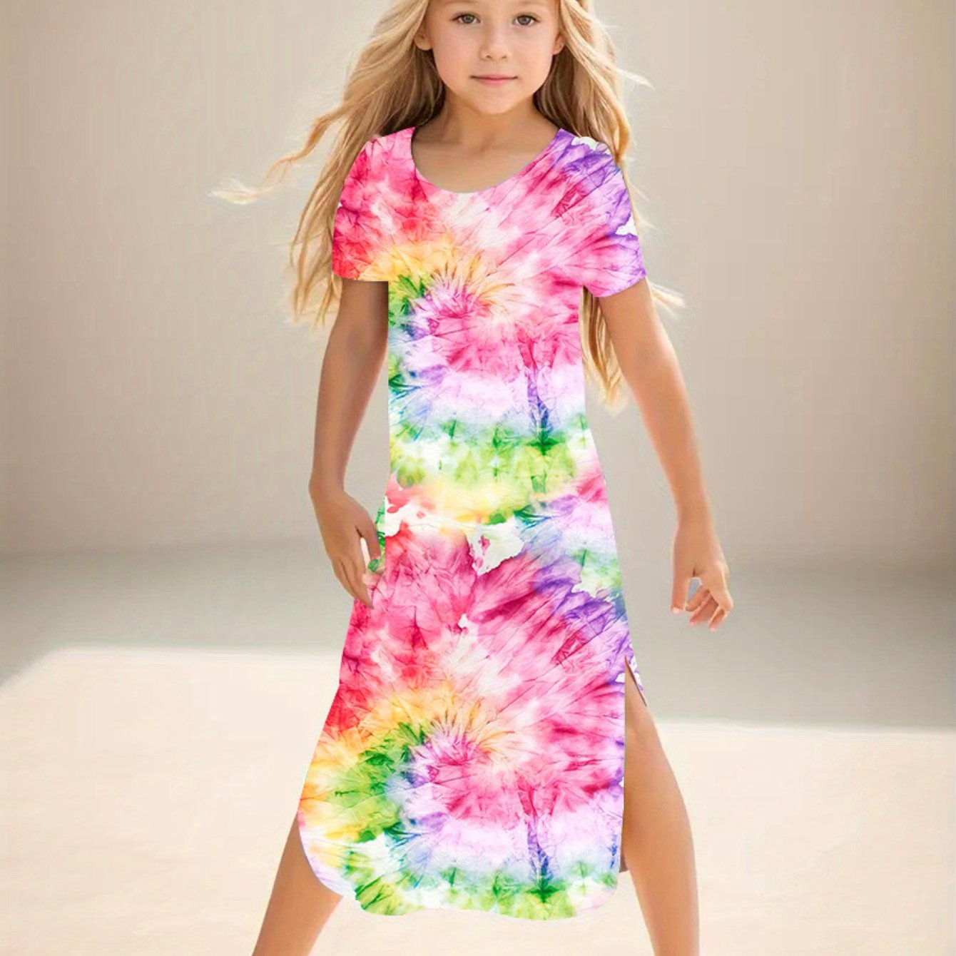 Image of Girls' Casual A-line Short Sleeve Dress - Vibrant Rainbow Floral Print, Lightweight Summer Machine-washable Sporty Style For Outdoor Play & Vacation, Nontransparent Fabric