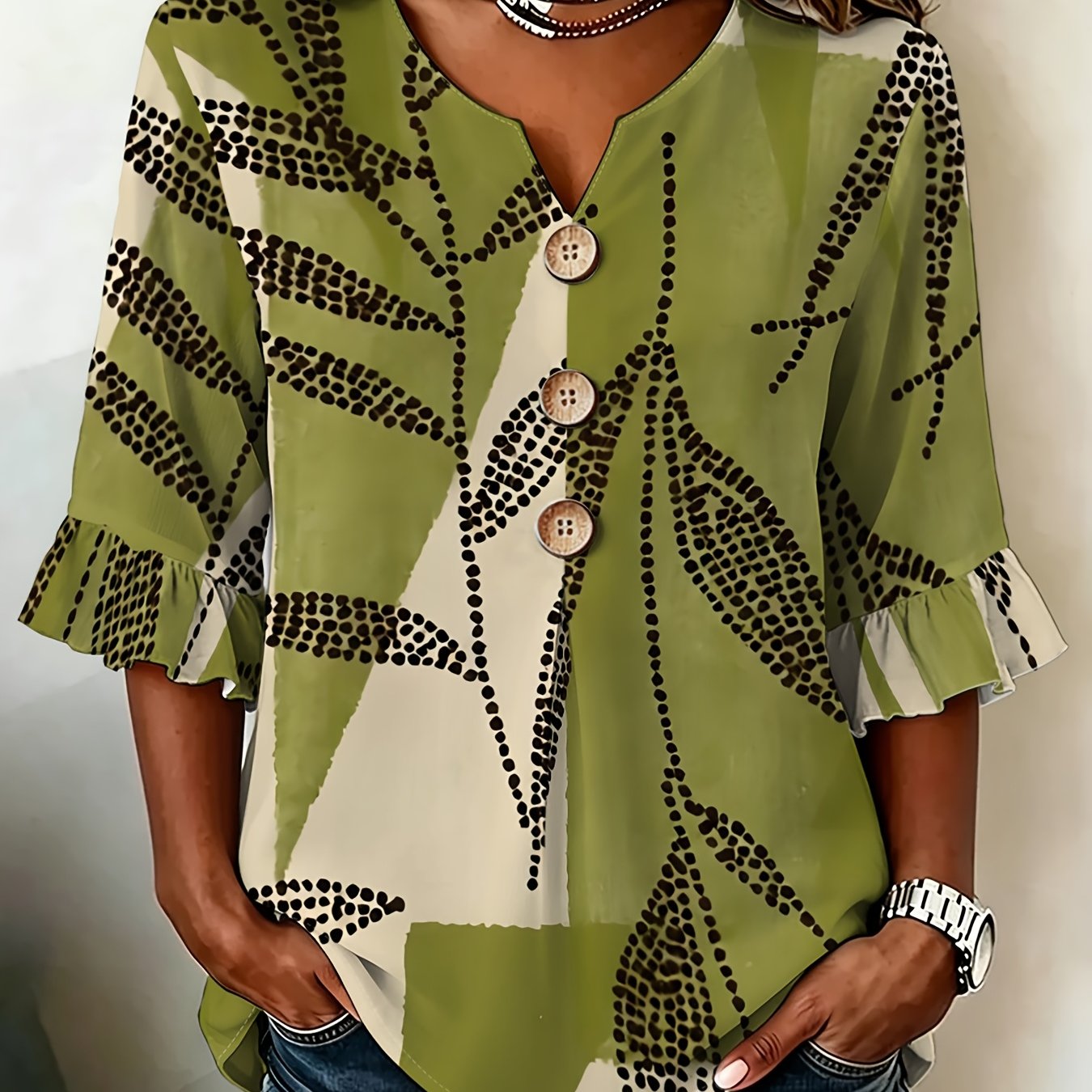 TEMU Plus Size, Plus Size Women's Fashion Top, Summer Abstract Leaf Pattern Blouse, V-neck Ruffle Sleeve Top, Polyester Material, Multiple Sizes ,