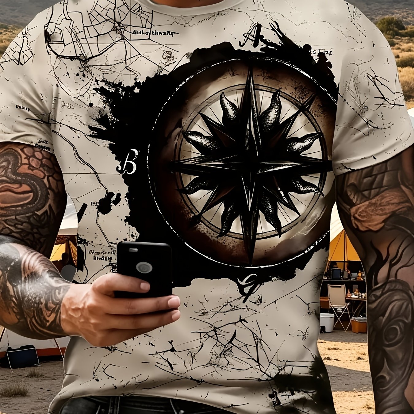 TEMU [printed Design- Not Textured] Print T-shirt - Breathable Regular Fit Men's Summer Round Neck Short Sleeve, Machine Washable Casual Top, Men's
