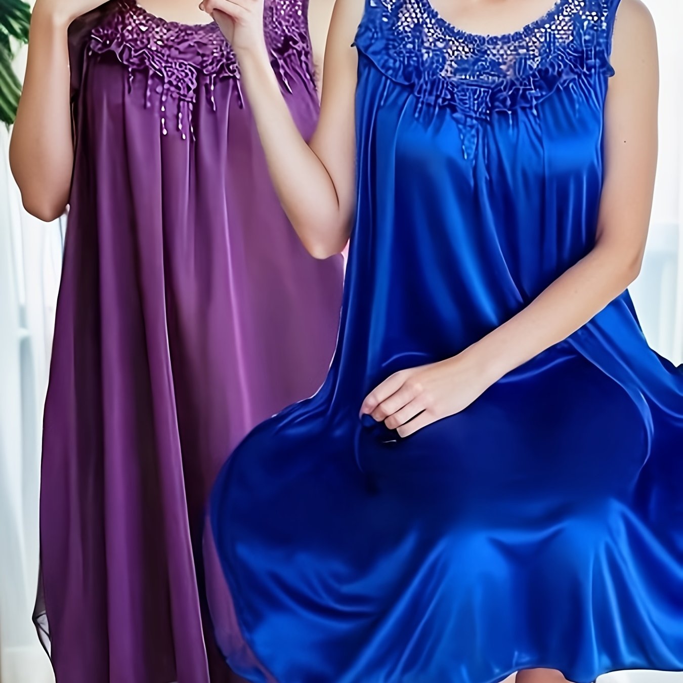 Image of 2pcs/set Women Elegant Tassel Nightdress, Summer Sleeveless Vest Tank Sleepwear, Soft Crew Neck Nightdress, Comfortable Casual Loungewear