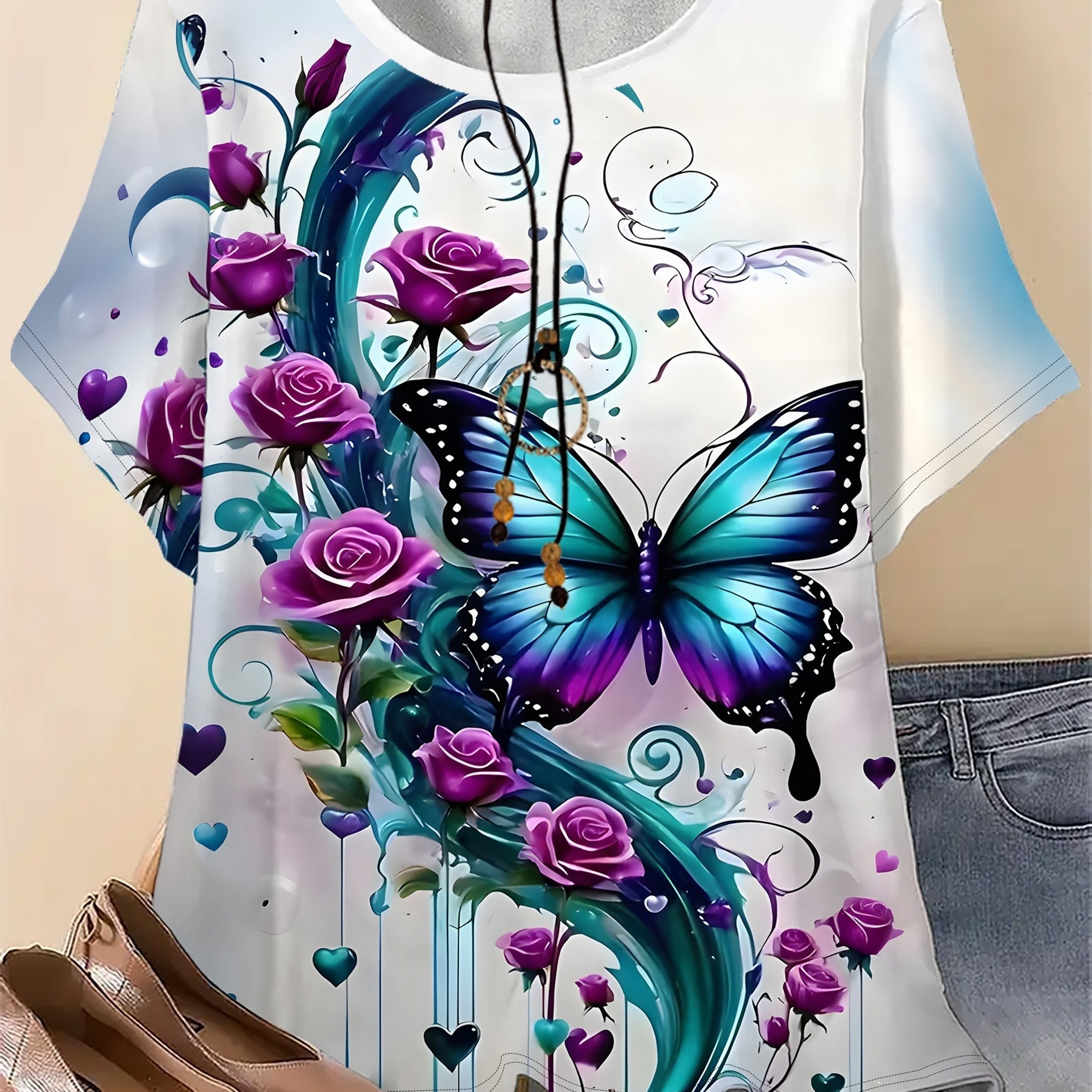 TEMU Plus Size, Women's Plus Size Vintage Purple Print T-shirt - Oversized Loose Fit Round Neck Short Sleeve Suitable For Spring Summer Casual Wear,
