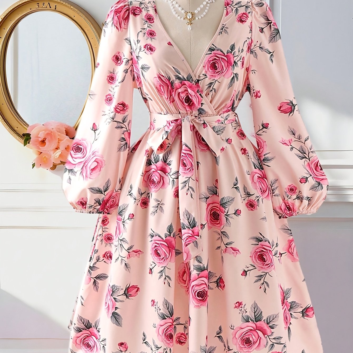 TEMU Plus Size Print Women's Dress, Wrap V-neck Mid-length Dress, Puff Lantern Sleeve Long Sleeve Women's Dress, With Matching Fabric Tie-waist,